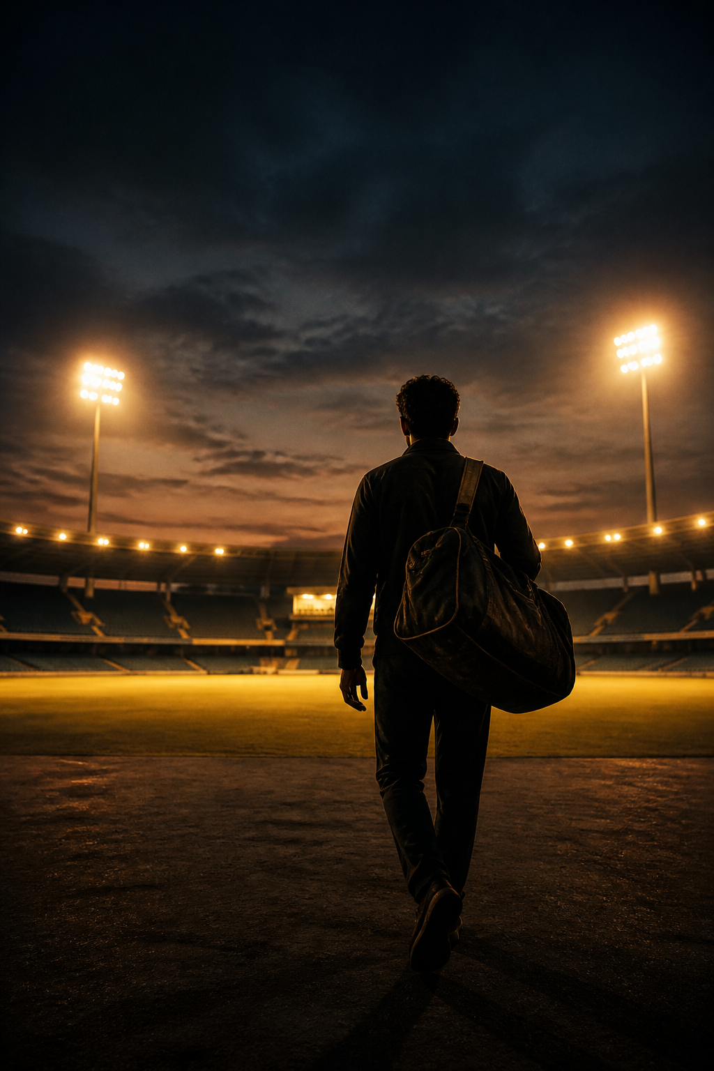A man walking toward an empty floodlit stadium at dusk