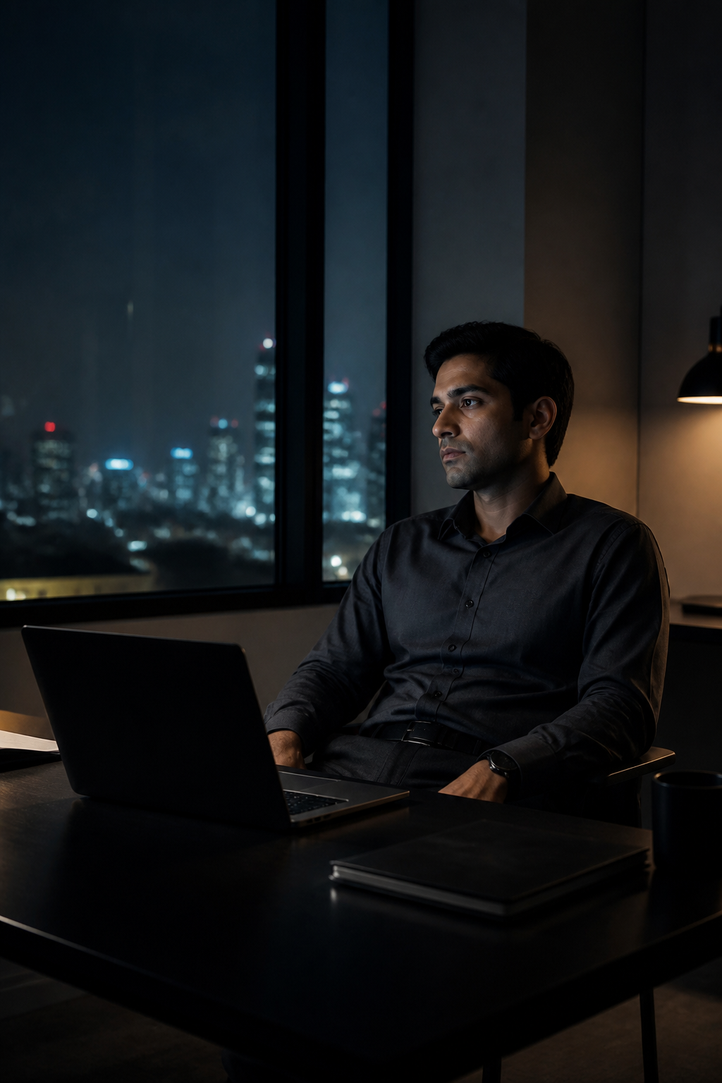 A tired executive sitting in an office at night, cool light