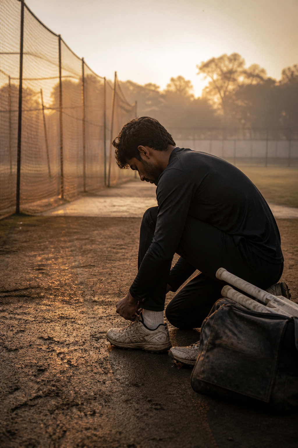 A younger athlete training alone at dawn, warm light